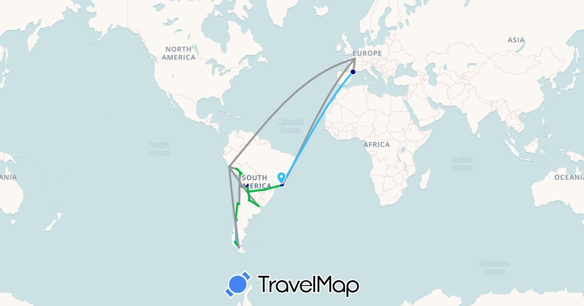 TravelMap itinerary: driving, bus, plane, cycling, train, hiking, boat, hitchhiking in Argentina, Bolivia, Brazil, Chile, France, Peru (Europe, South America)